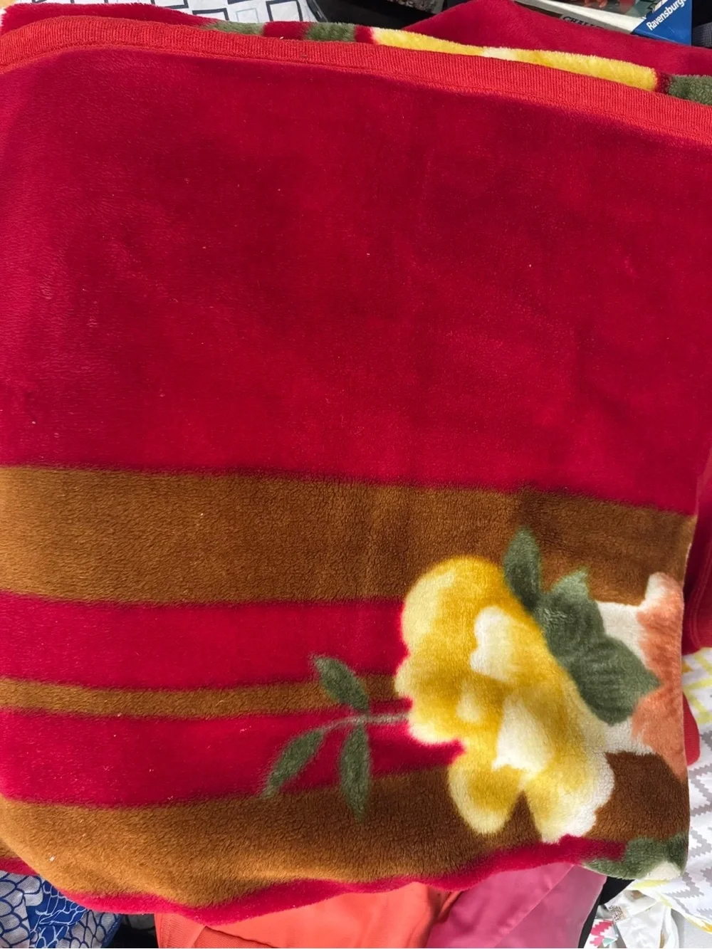 Red Floral Plush Throw Blanket with Large Orange Flower
